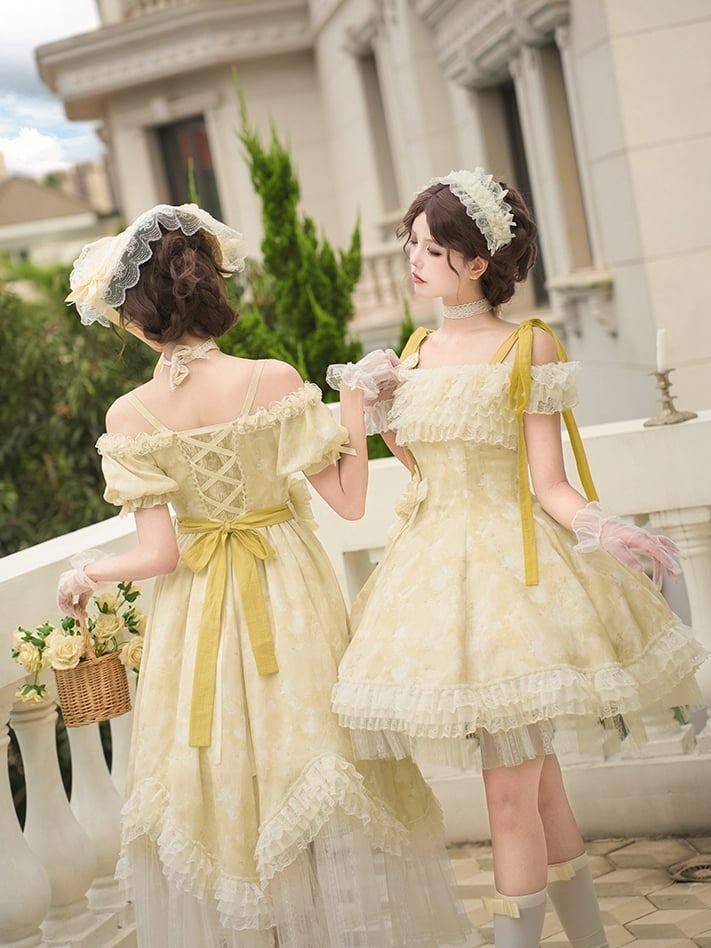 Light Yellow High-Waist Scalloped Lolita OP Full Set - image 4