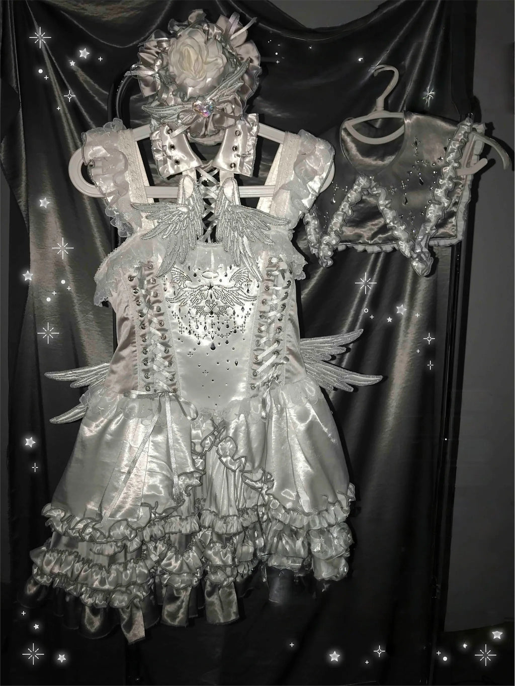 Metallic Angel - Silver-white Punk Lolita JSK, Wing and Rhinestone Details - image 19