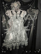 Metallic Angel - Silver-white Punk Lolita JSK, Wing and Rhinestone Details - image 19