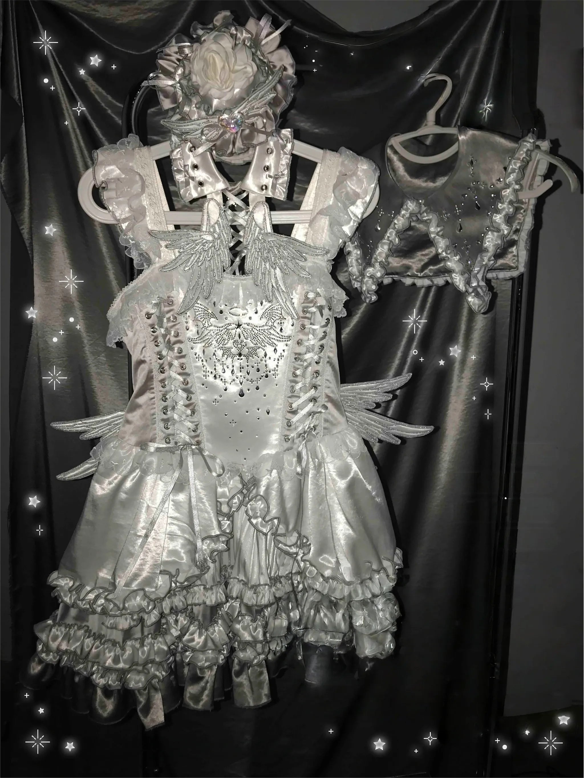 Metallic Angel - Silver-white Punk Lolita JSK, Wing and Rhinestone Details - image 19