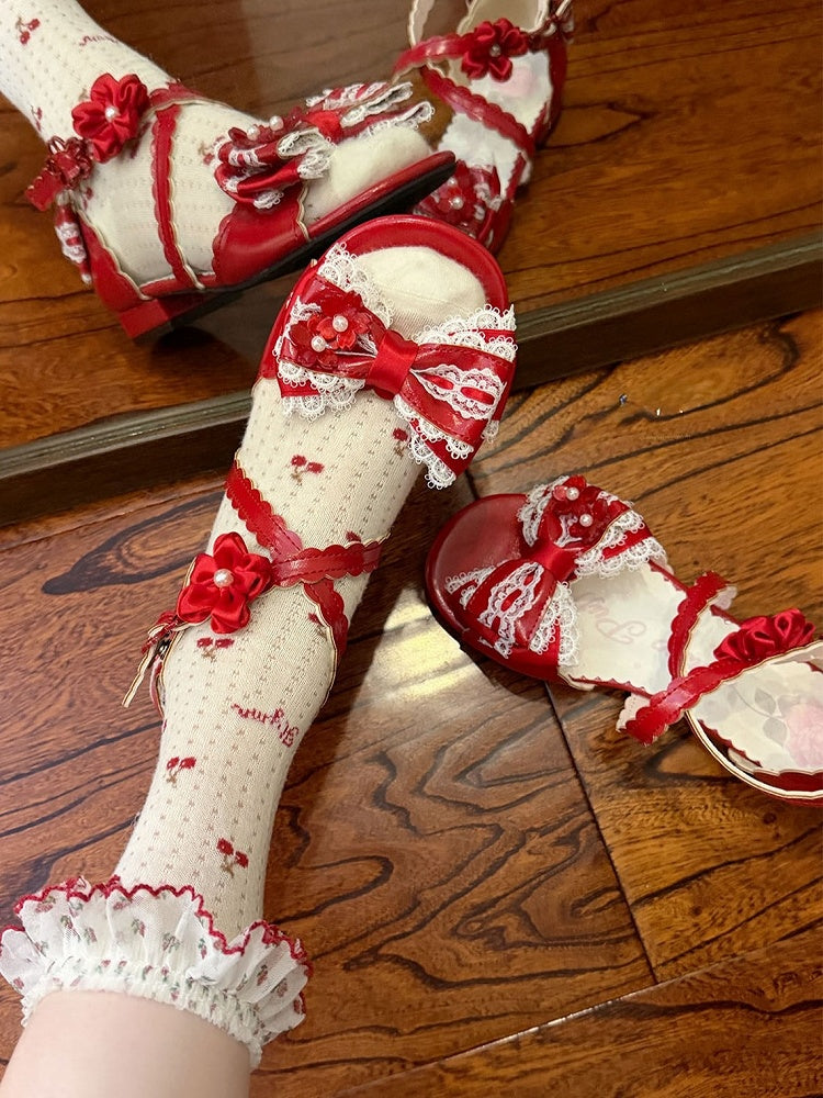 Red Lolita Bow Flower Lace-Trim Low-Heel Sandals with Back Bows - image 3