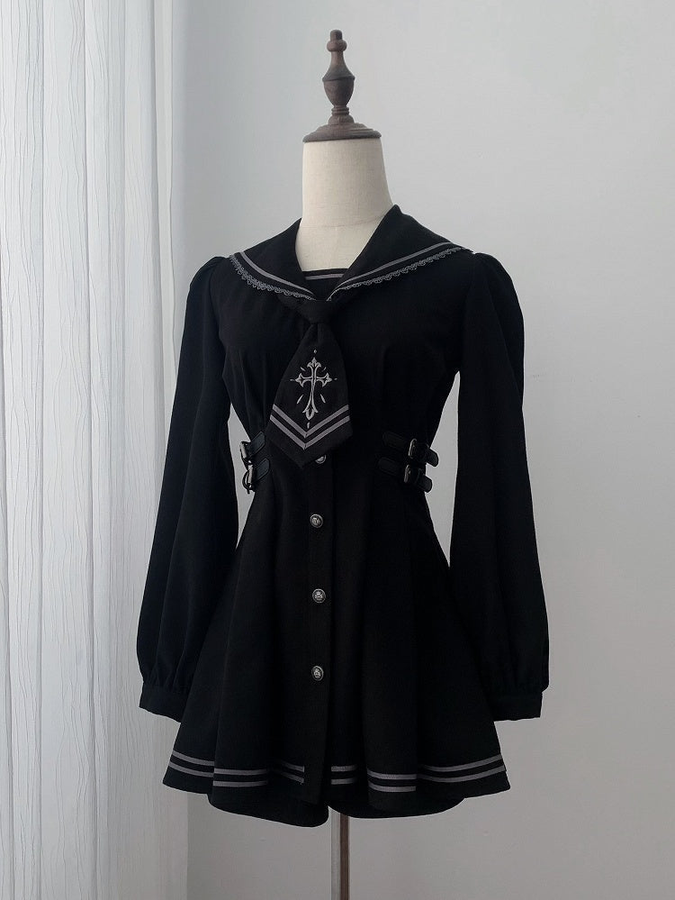 Black Sailor-Collar Jirai Kei Dress, Shorts and Tie Set - image 1