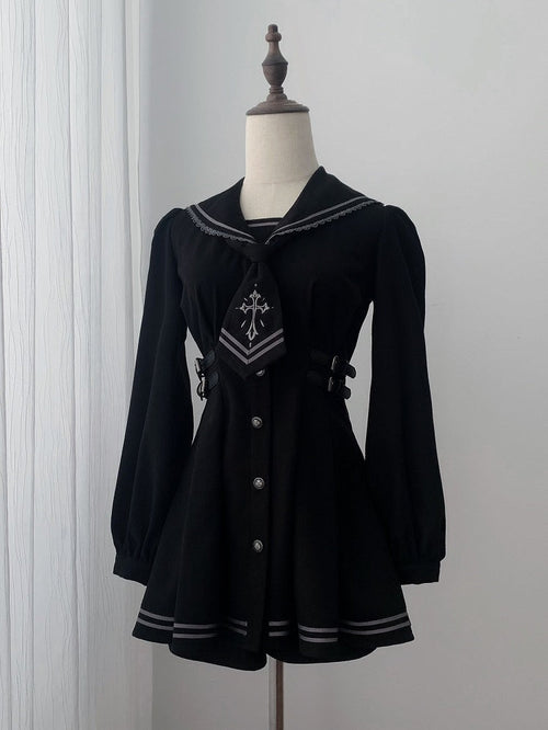 Black Sailor-Collar Jirai Kei Dress, Shorts and Tie Set - image 1