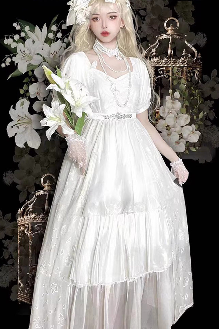 Square Collar Short Sleeves Subtle Rose Printed Embroidered Bow Sweet Elegant Lolita Dress - image 1