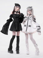 White Halter Flare Long-Sleeve Dress with Leather Straps and Shorts Set - image 10