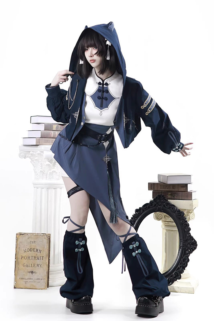 Indigo Shadow Journey - Stand Collar Long Sleeves Embroidered Hooded Asymmetric Punk Ouji Lolita Dress Four-Piece Set - image 11