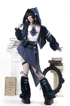 Indigo Shadow Journey - Stand Collar Long Sleeves Embroidered Hooded Asymmetric Punk Ouji Lolita Dress Four-Piece Set - image 11