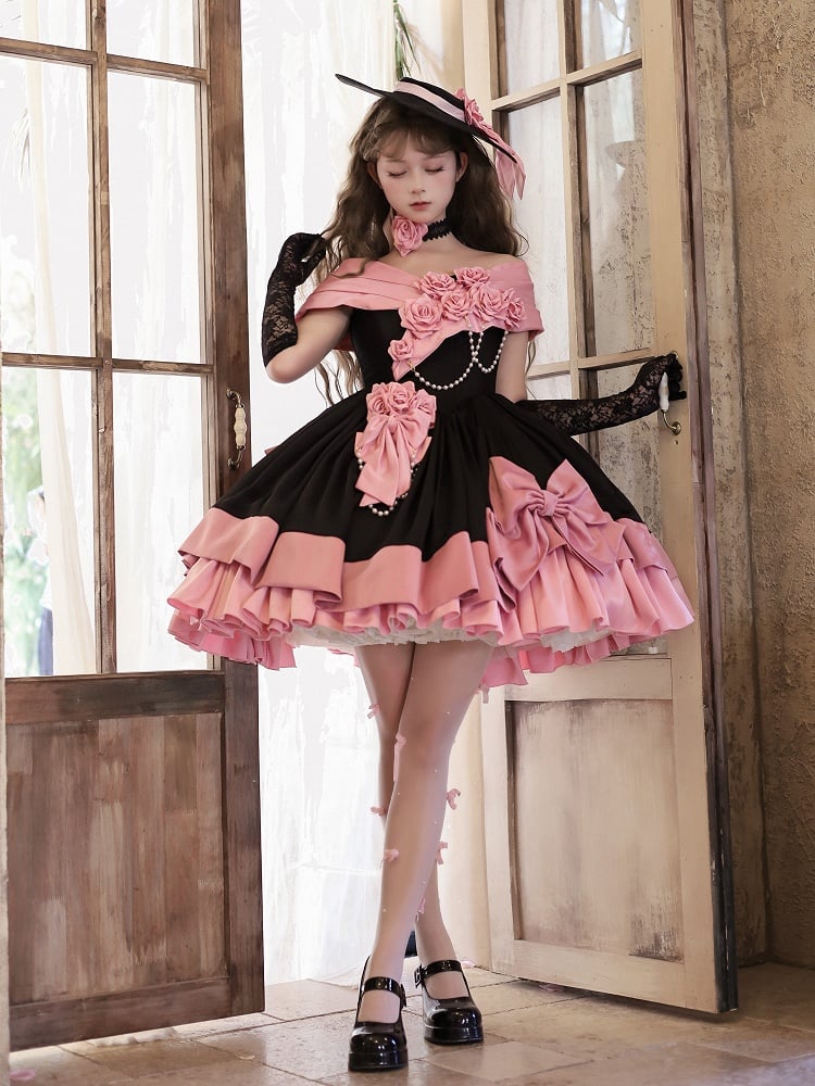 Pink and Black Roses Off-Shoulder Lolita Boned Dress, Choker and Hat Set - image 1