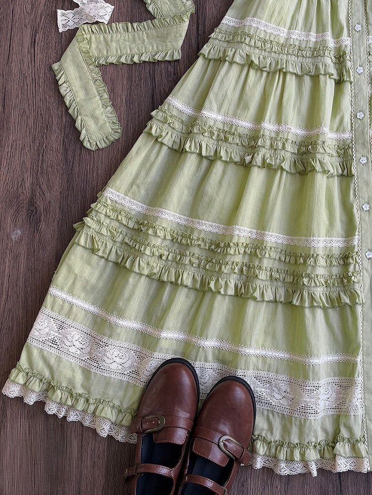 Green Layered-Ruffle Elegant Lolita Dress with Front Button Placket - image 11