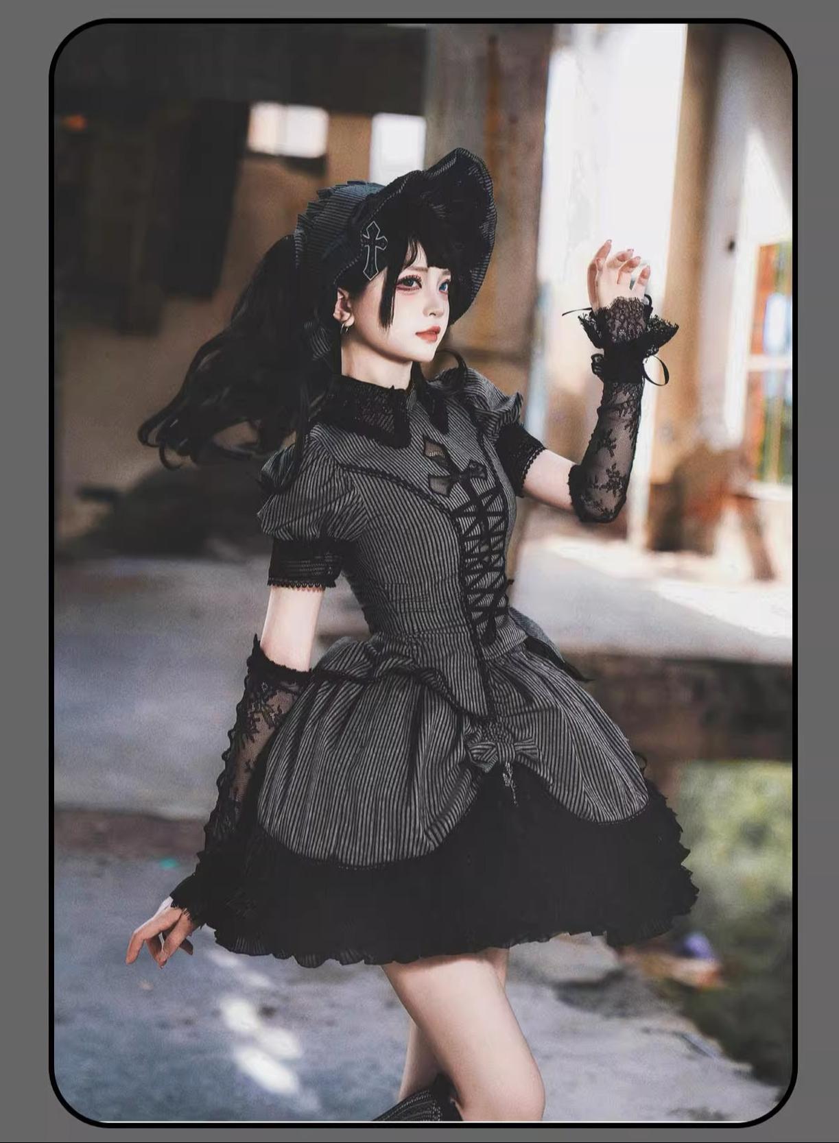 Striped Cross - Gothic Coordinated Lolita Set, Adjustable Blouse & Skirt - image 6