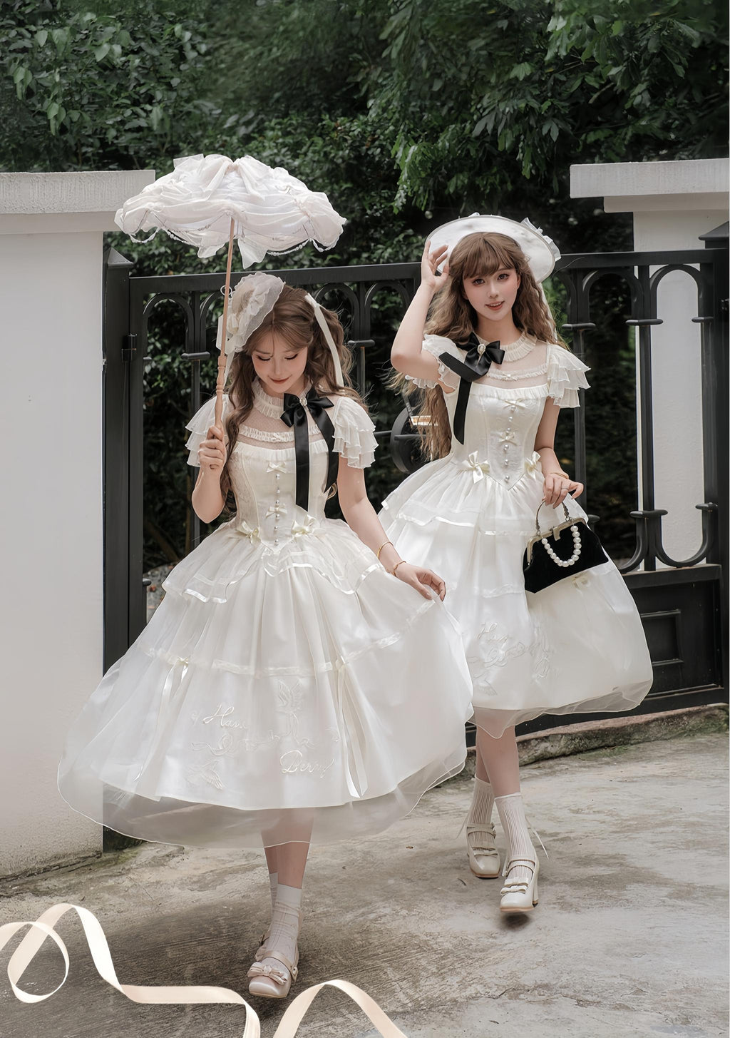 White Bird Love Letter - Classic Lolita Jacquard OP Dress, Embroidered Tulle Hem and Accessories - image 1