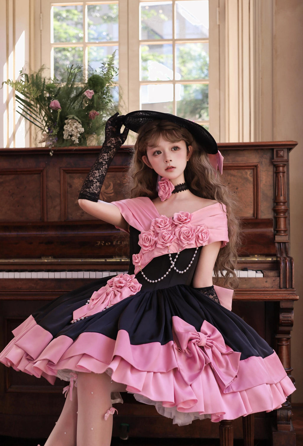 Casket Rose - Elegant Lolita Satin Corset Dress with 3D Pink Roses - image 5