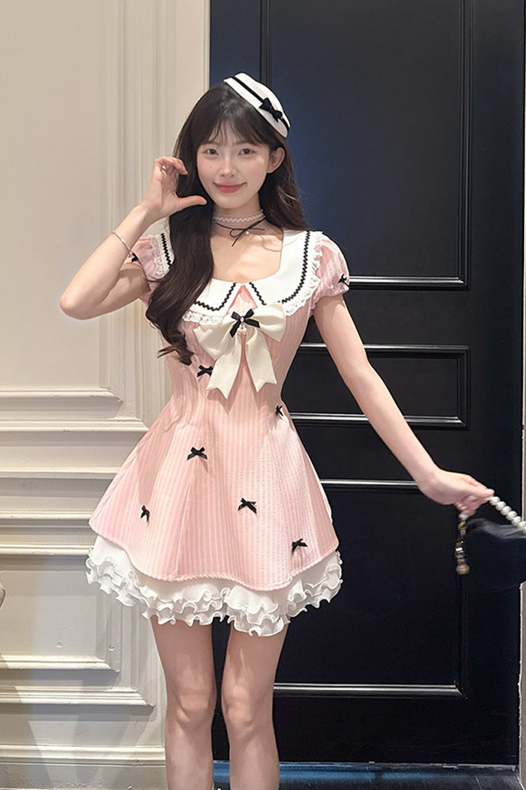 Peach Dream - Doll Collar Short Puff Sleeves Vertical Stripe Printed Ruffled Bow College Style Sweet Lolita Dress - image 1