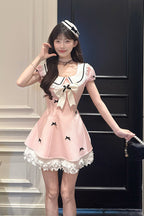 Peach Dream - Doll Collar Short Puff Sleeves Vertical Stripe Printed Ruffled Bow College Style Sweet Lolita Dress - image 1
