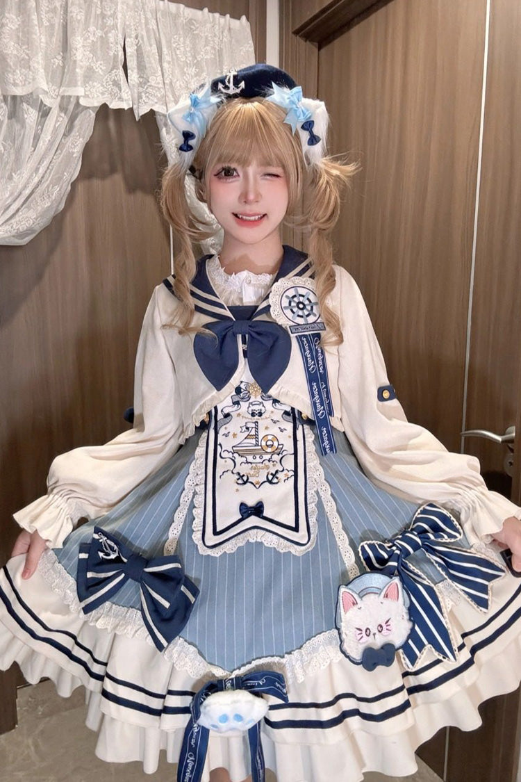 Ride the Wind and Waves - Double-Layered Printed Ruffled Bow Lace Sweet Lolita JSK Dress Set (Coat Included) - image 7