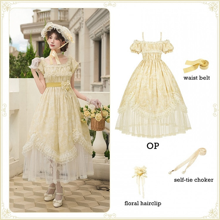 Light Yellow High-Waist Scalloped Lolita OP Full Set - image 2