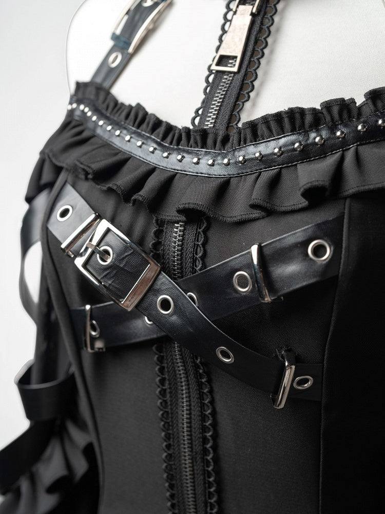 Black Halter Flare Long-Sleeve Dress with Leather Straps and Shorts Set - image 5