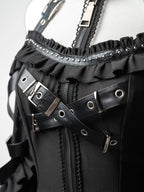 Black Halter Flare Long-Sleeve Dress with Leather Straps and Shorts Set - image 5