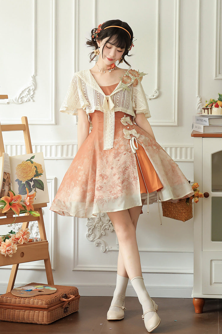 Orange Chrysanthemum Print Chinese-Inspired Lolita JSK Dress Set - image 4