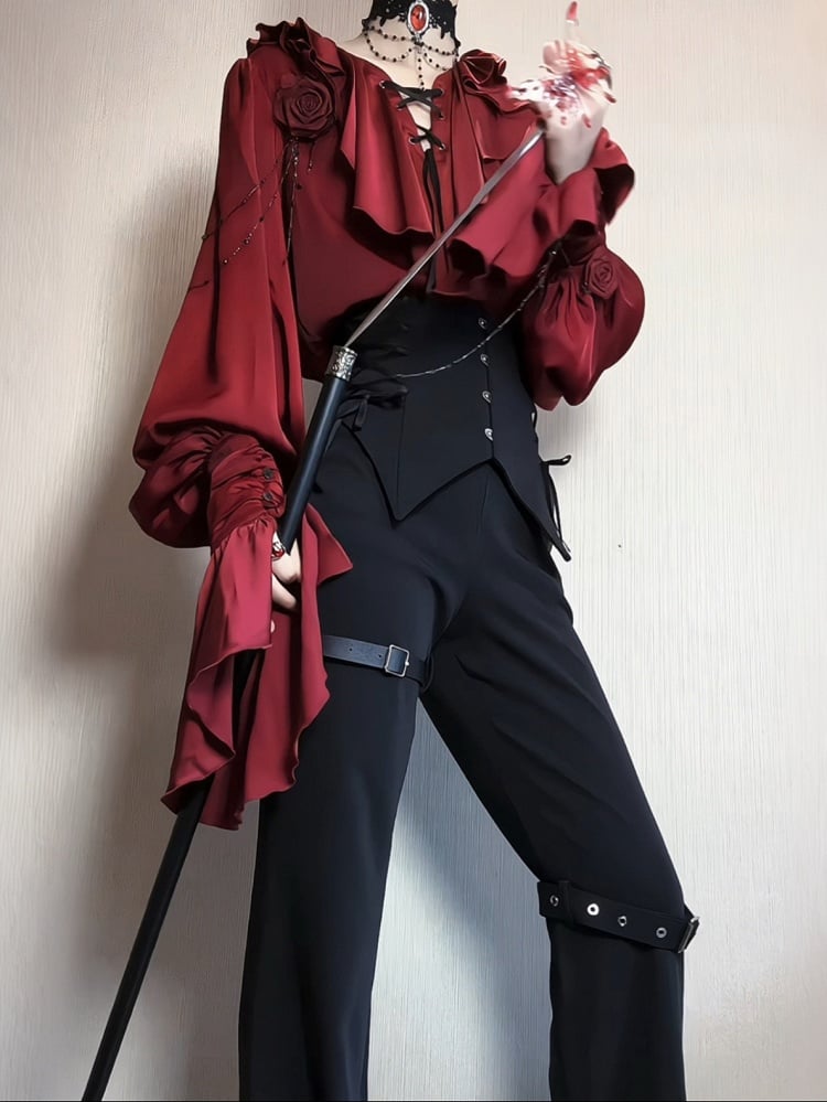 Crimson Poet Shirt with Floral Pins and Chain Accents - Shi Zhi Mao - image 8