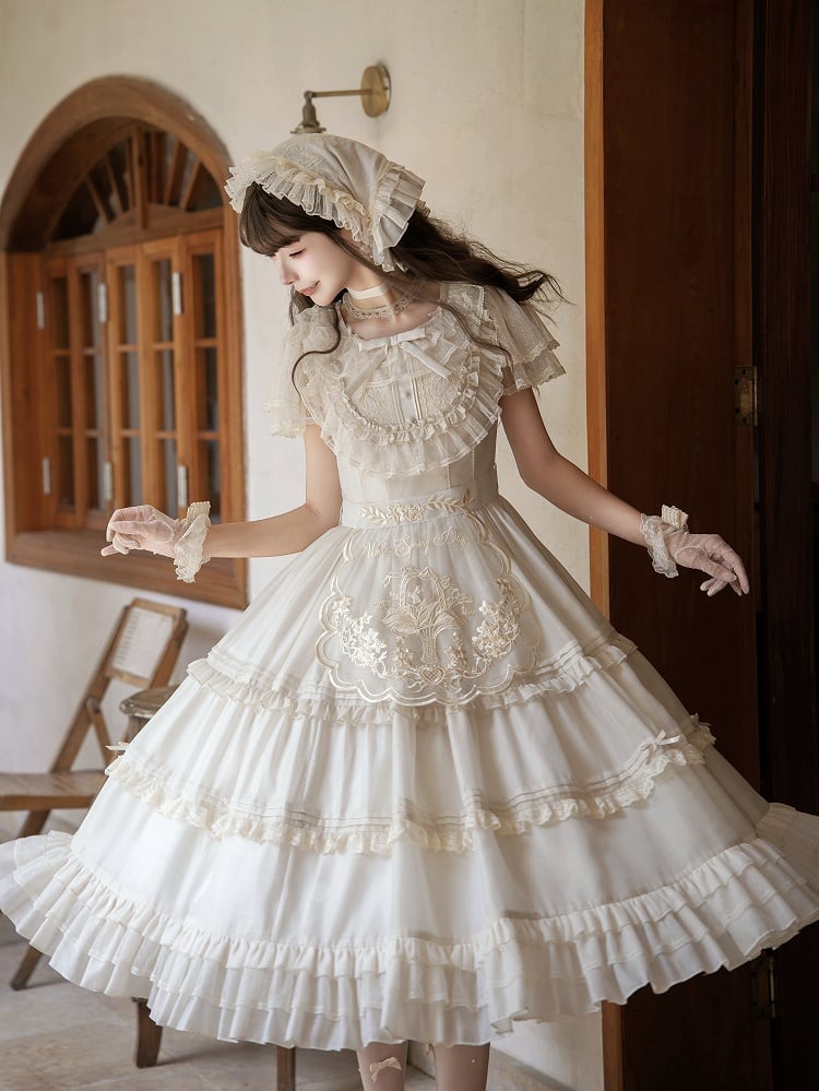 Beige Dots Tulle Flutter-Sleeve Lolita OP Dress with Embroidered Waist Belt - image 7