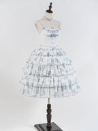 Blue and White Floral Print Lolita JSK with Bow Details - image 17