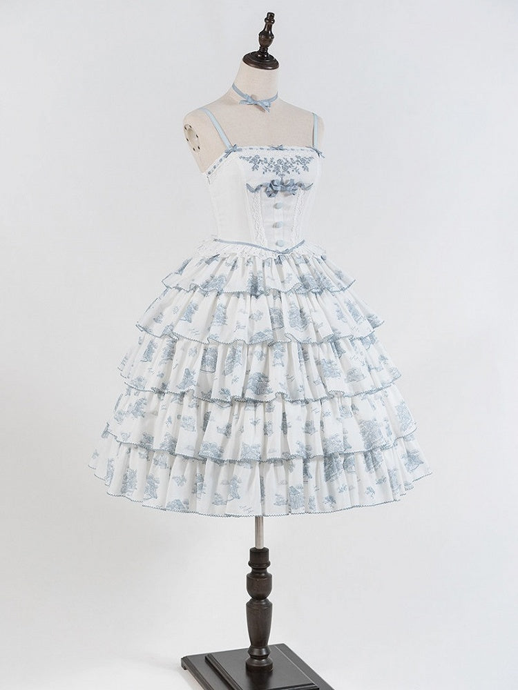 Blue and White Floral Print Lolita JSK with Bow Details - image 17