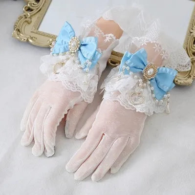 Vintage Lolita Lace Gloves with Bow and Bead Chain - image 11