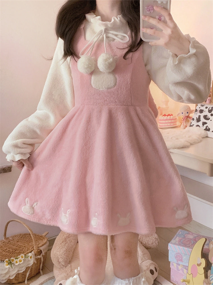 Pink Bunny Ears Hooded Plush Overalls Sweet Lolita Dress - image 1