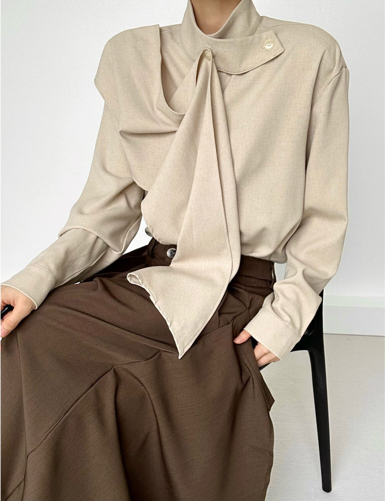 French Stand-Collar Ribbon Ouji Blouse - image 2