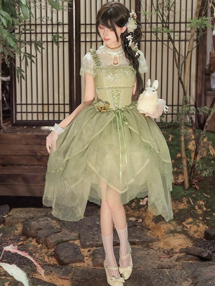 Green Orchid Chinoiserie Lolita OP Dress and Flower Hairclips Set - image 6