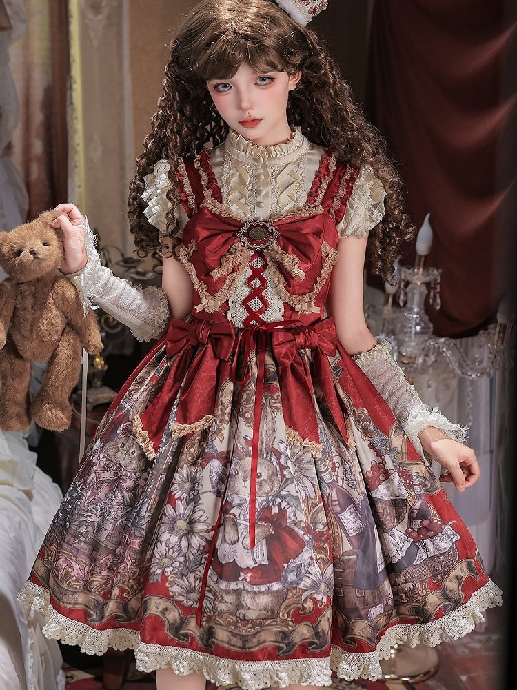 Wine and Beige Floral Lolita JSK Set with Puff-Sleeve Top and Arm Sleeves - image 6
