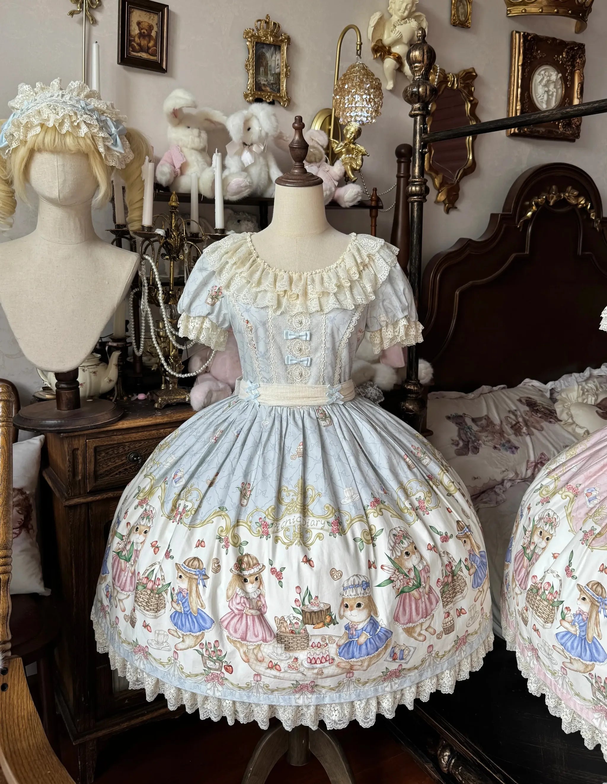 Picnic Bunny - Cotton Daily Doll-like Lolita OP Dress, Bunny Print and Accessories - image 12