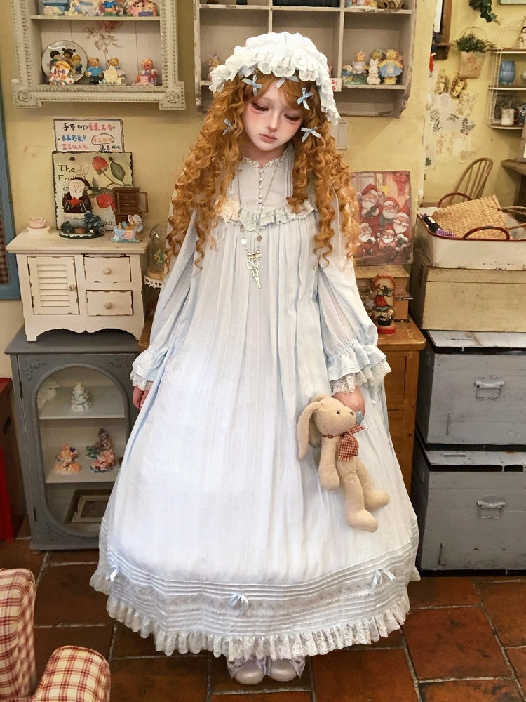 Blue Lace-Trim Long-Sleeve Lolita OP Dress with Ruffles - image 3