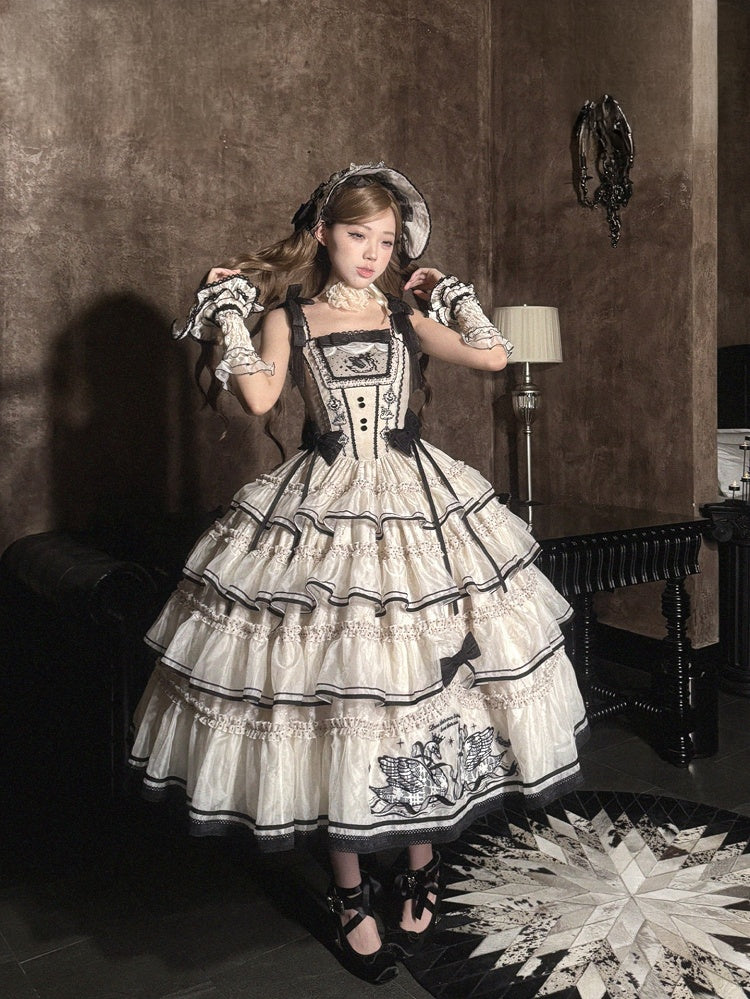 Beige and Black Swan-Embroidered Ruffled Classic Lolita JSK - image 1