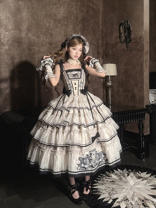Beige and Black Swan-Embroidered Ruffled Classic Lolita JSK - image 1