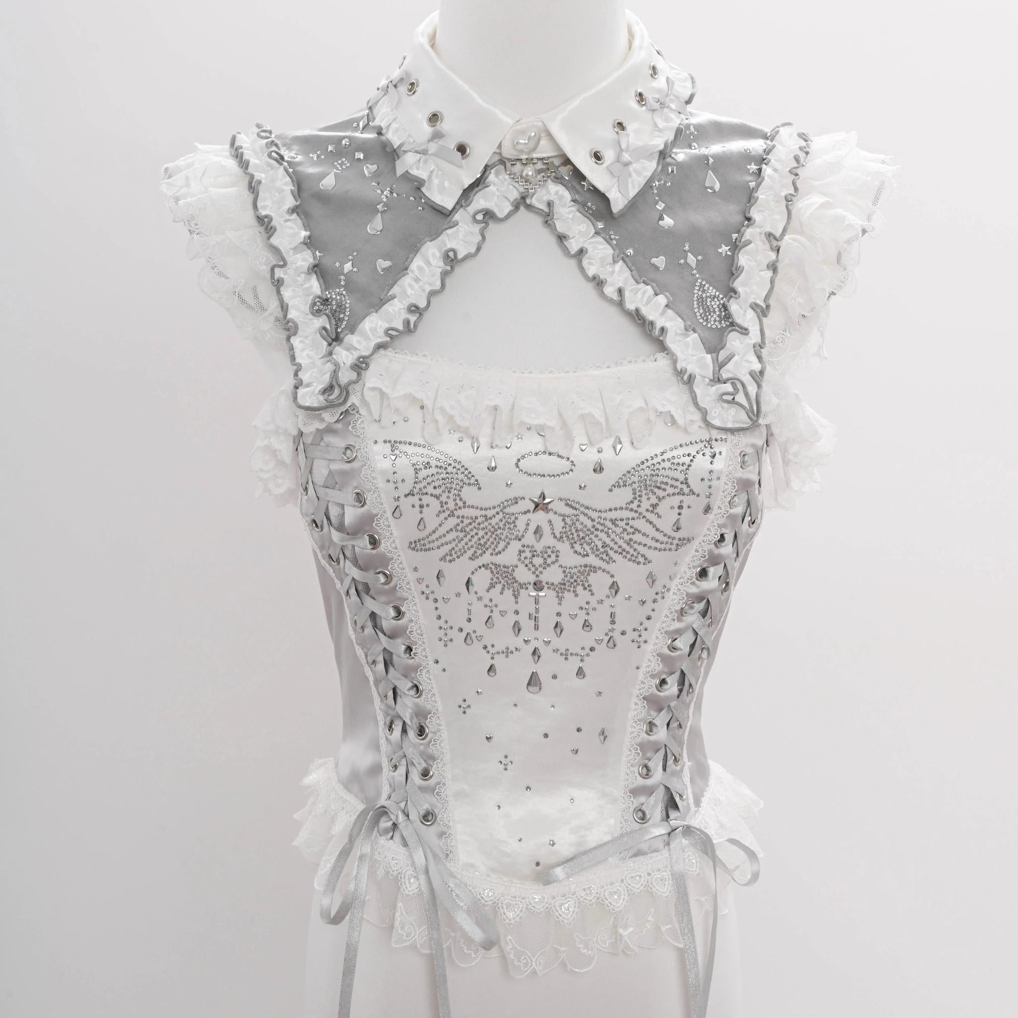 Metallic Angel - Silver-white Punk Lolita JSK, Wing and Rhinestone Details - image 42