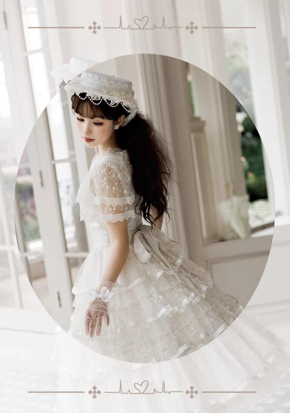 Morning Dew Lily - White Classic Lolita OP Dress, Tiered Skirt - image 12