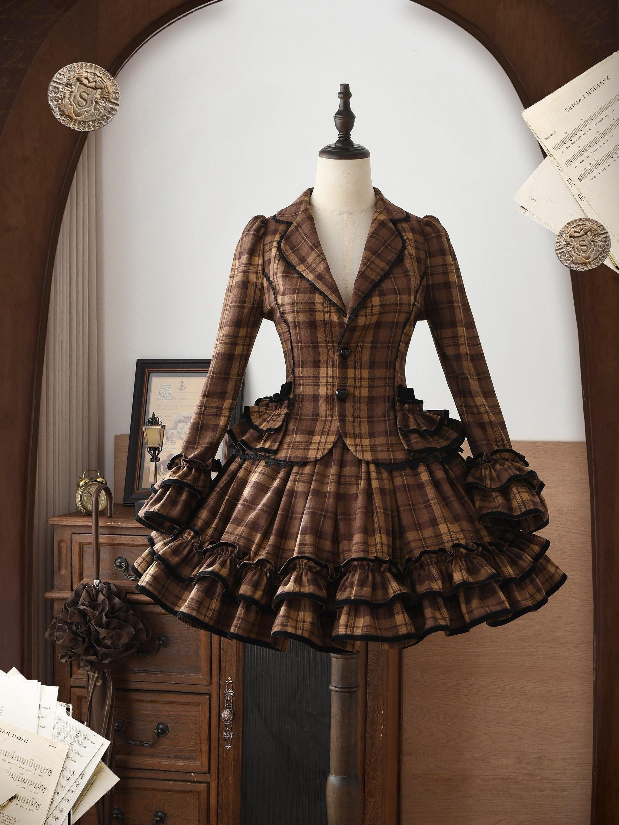 Chris's Notes - Old School Lolita Plaid Coat Set, Tiered Skirt - image 3