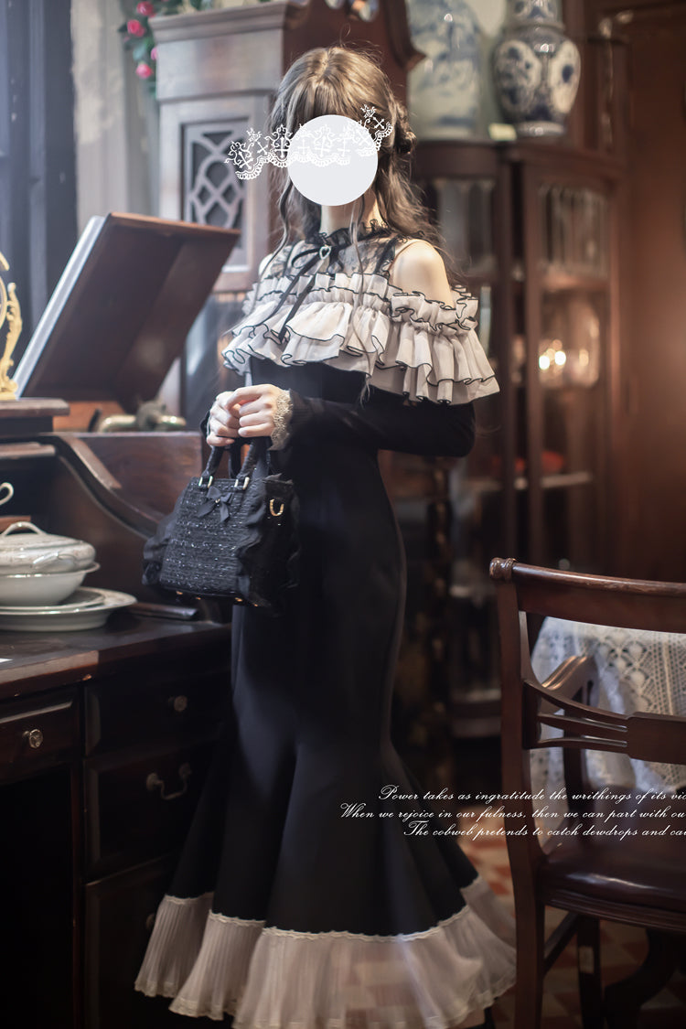 Night Cherry Blossoms Sweet Elegant Lolita Fishtail OP Dress in Black - image 8