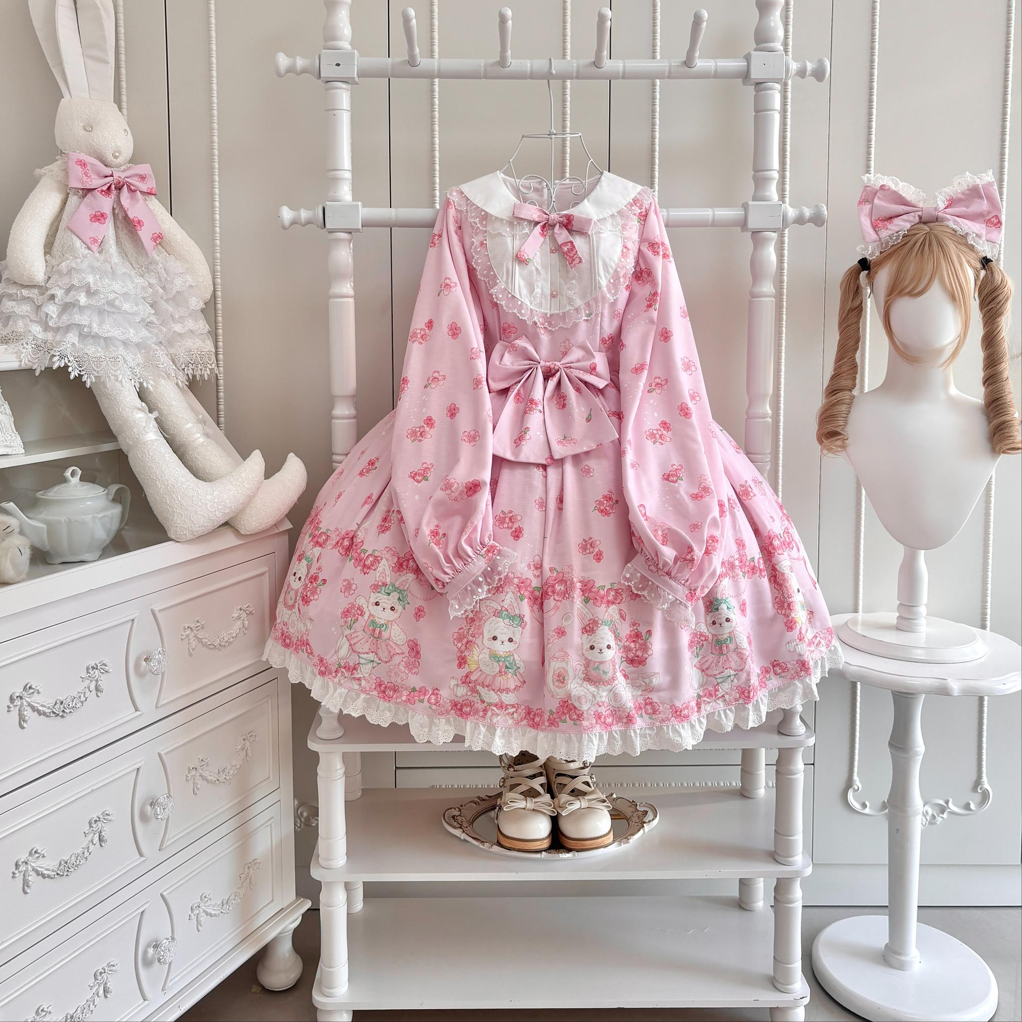 Sakura Bunny - Kawaii Lolita Sakura Print OP Dress, Side Pockets - image 4