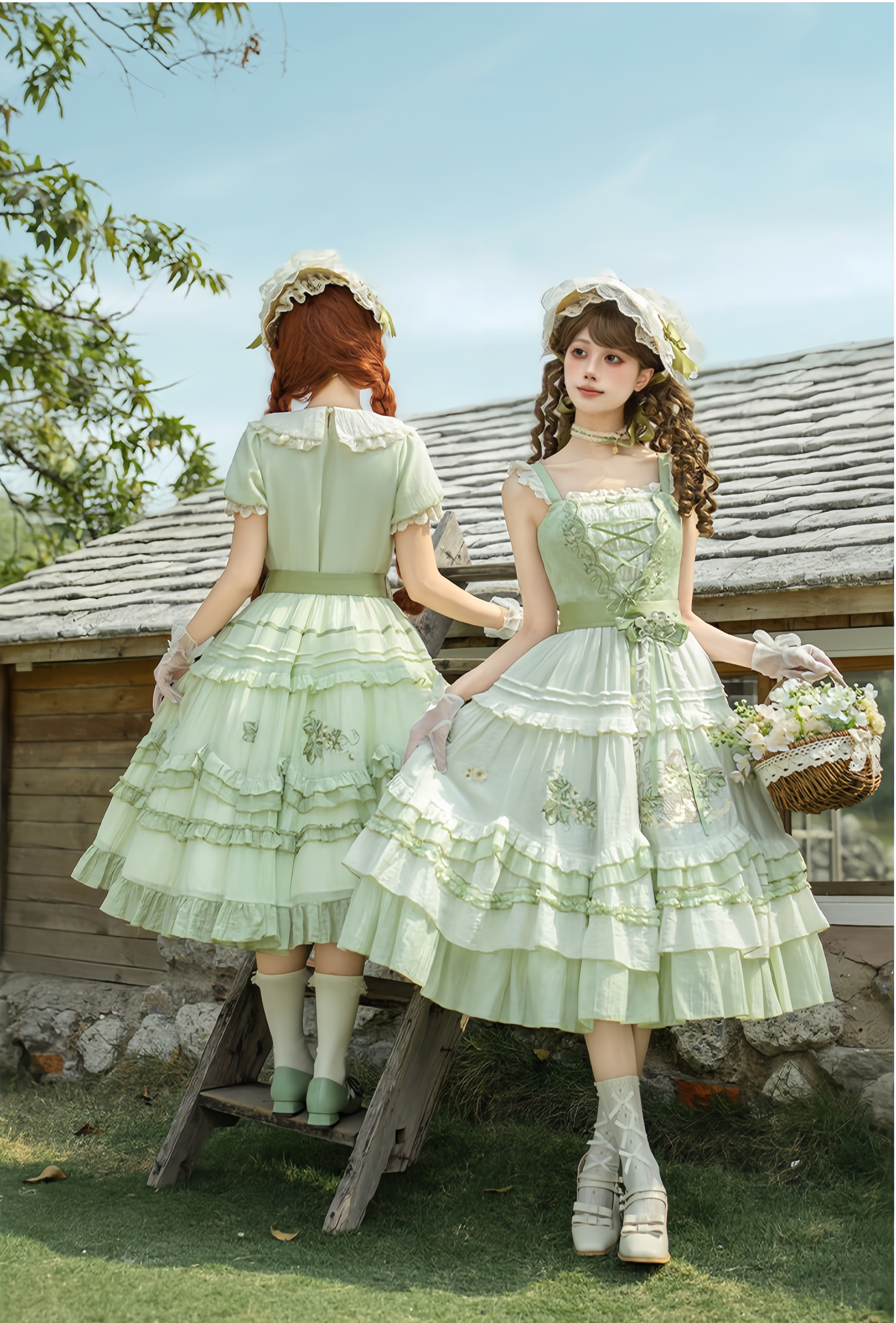 Green Grape - Embroidered Country Lolita OP Dress, Tiered JSK and Accessories - image 5