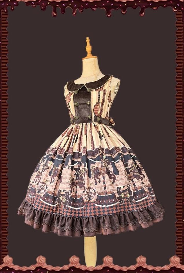 Chocolate Carousel - Peter Pan Collar Old School Lolita JSK Dress, Carousel Print and Accessories - image 8