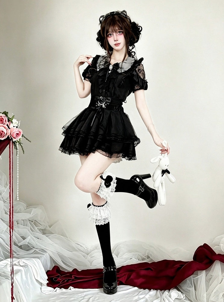 Midnight Lace-Shoulder Ruffle Blouse with Cutout Accents - AMAHAKAWA - image 5