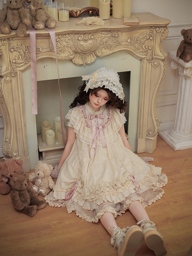 Beige Rosette Jacquard Lolita OP Dress with Layered Ruffles - image 4