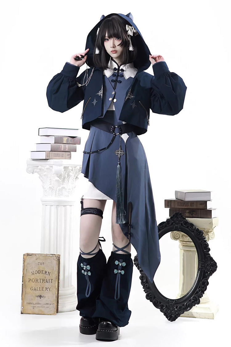 Indigo Shadow Journey - Stand Collar Long Sleeves Embroidered Hooded Asymmetric Punk Ouji Lolita Dress Four-Piece Set - image 12
