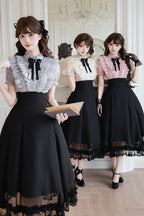 Miss Lola · Snow Kiss - Stand Collar Short Puff Sleeves Ruffled Color-Blocked Faux Two-Piece Sweet Lolita Long Dress 3 Colors - image 4