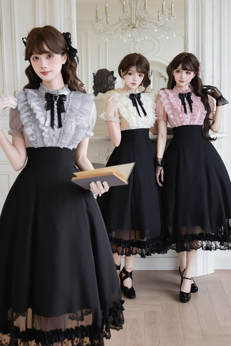 Miss Lola · Snow Kiss - Stand Collar Short Puff Sleeves Ruffled Color-Blocked Faux Two-Piece Sweet Lolita Long Dress 3 Colors - image 4
