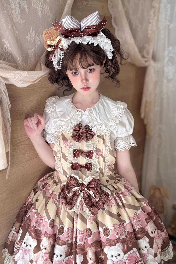 Chocolate Brownie - Sleeveless Printed Ruffled Bow Lace Sweet Lolita Strap Dress 2 Colors - image 6