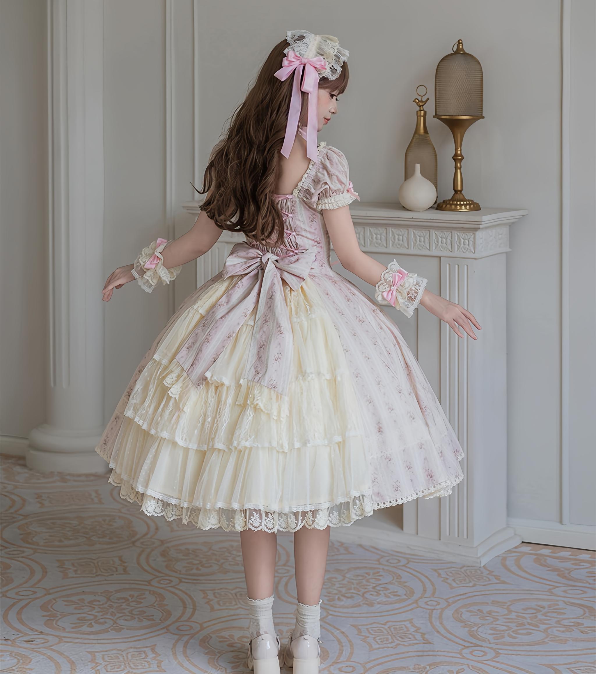 Garden Encounter of Three Springs - Cotton Old School Lolita Floral Print OP, Lace Back Opening and Accessories - image 3